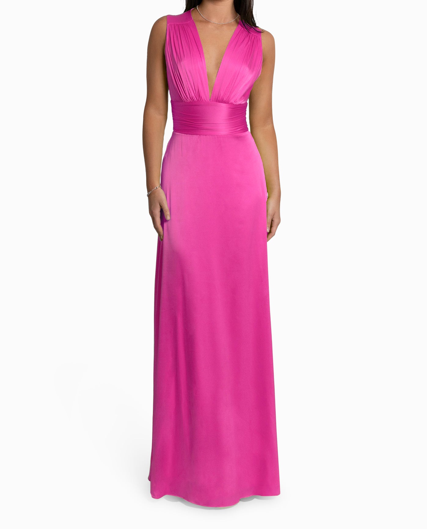 FRONT OF STRETCH SILK CHARMEUSE PLUNGE GOWN | PINK