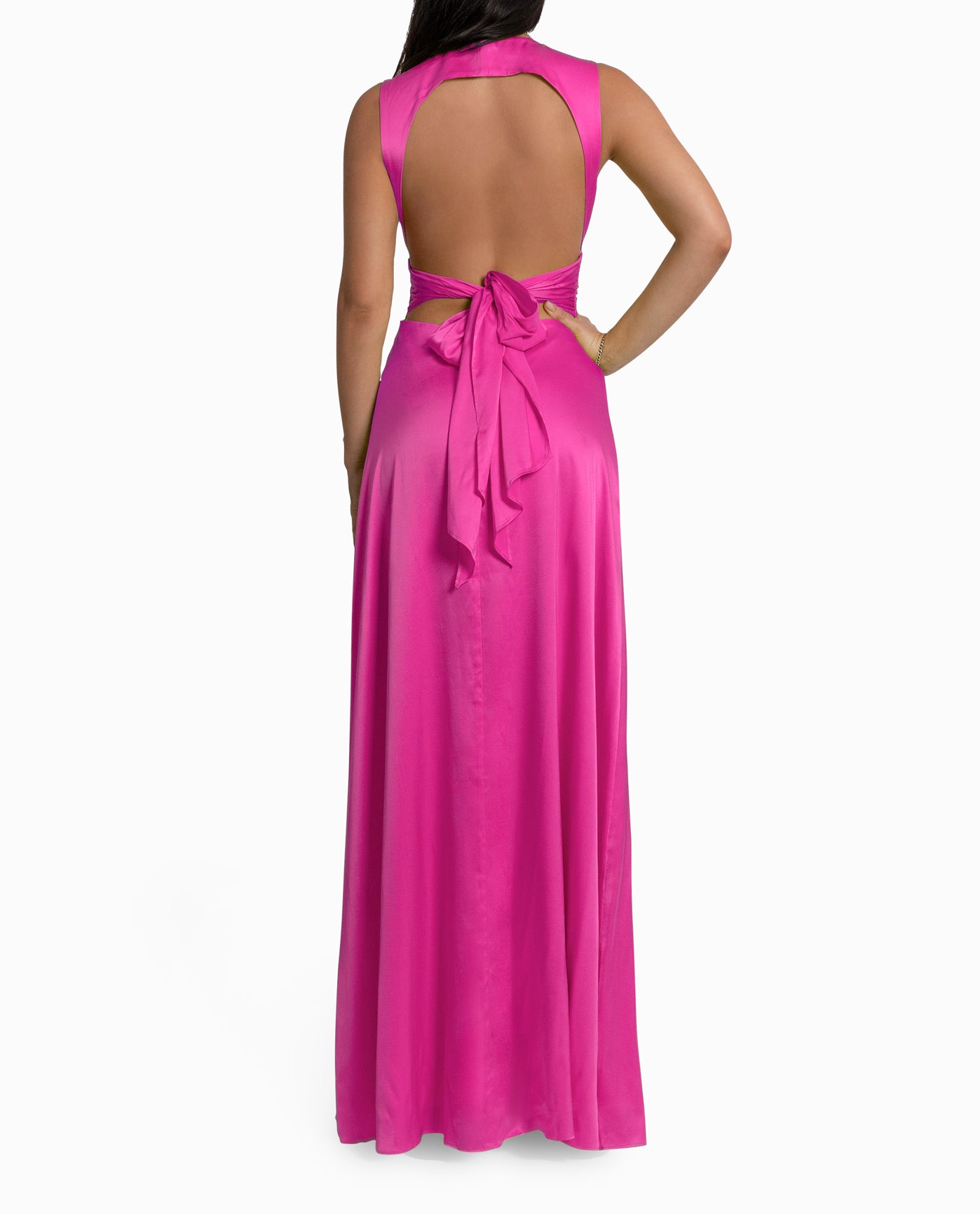 BACK OF STRETCH SILK CHARMEUSE PLUNGE GOWN | PINK