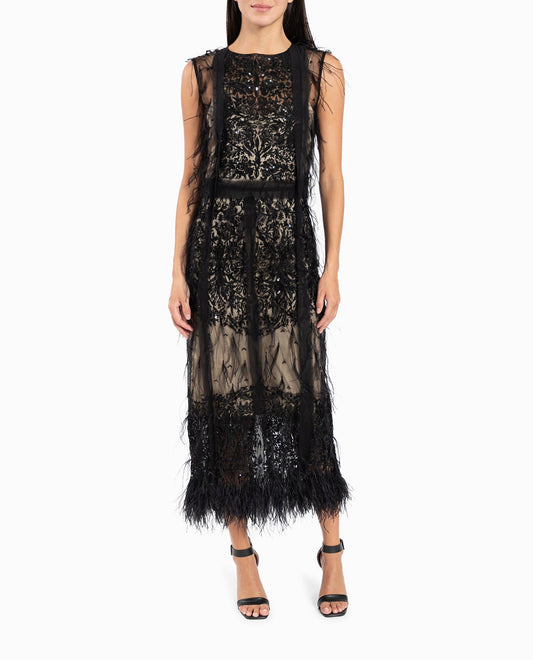 FRONT OF FLOUNCY FEATHER MIDI DRESS | Black