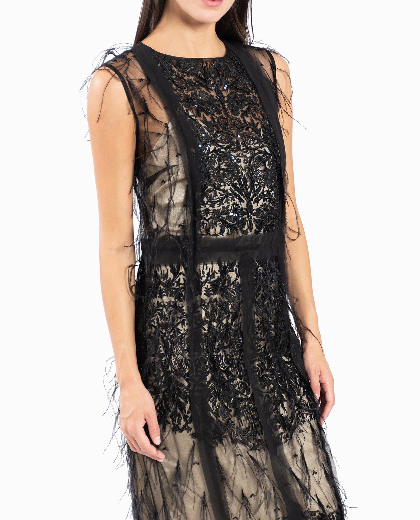ZOOMED FRONT OF FLOUNCY FEATHER MIDI DRESS | Black