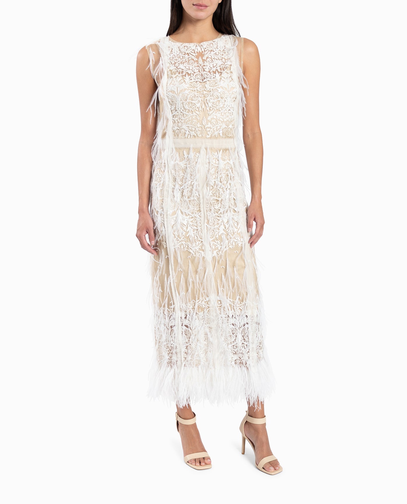 FRONT OF FLOUNCY FEATHER MIDI DRESS | White