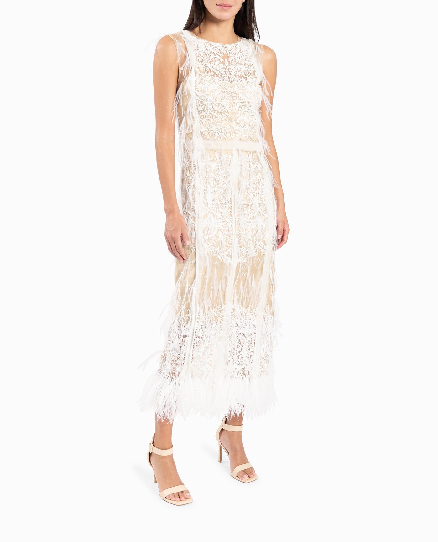 SIDE OF FLOUNCY FEATHER MIDI DRESS | White