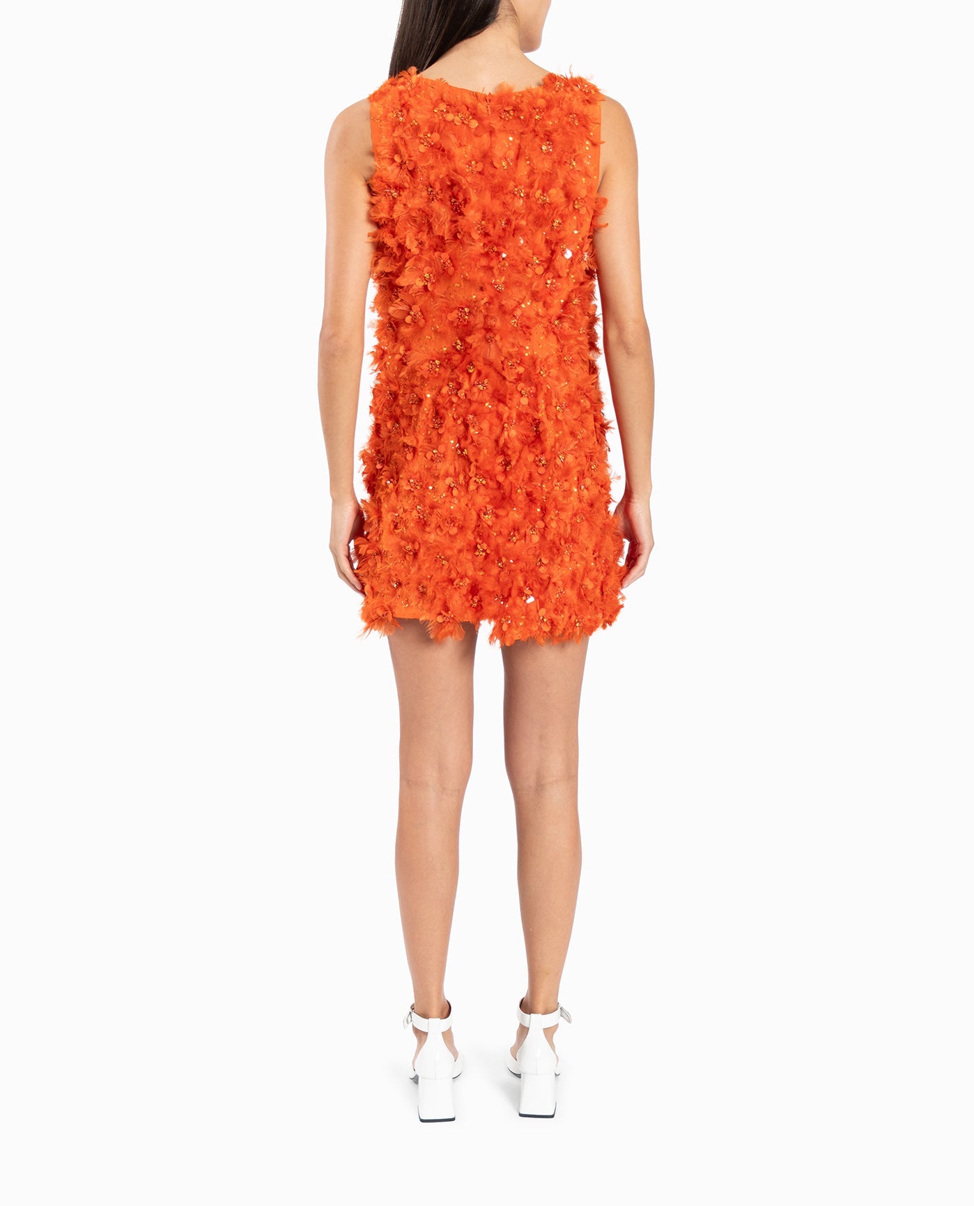 BACK OF FEATHERED FLORAL SHIFT DRESS | Orange Feather