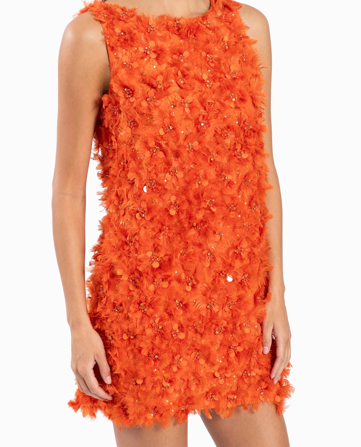 ZOOMED FRONT OF FEATHERED FLORAL SHIFT DRESS | Orange Feather