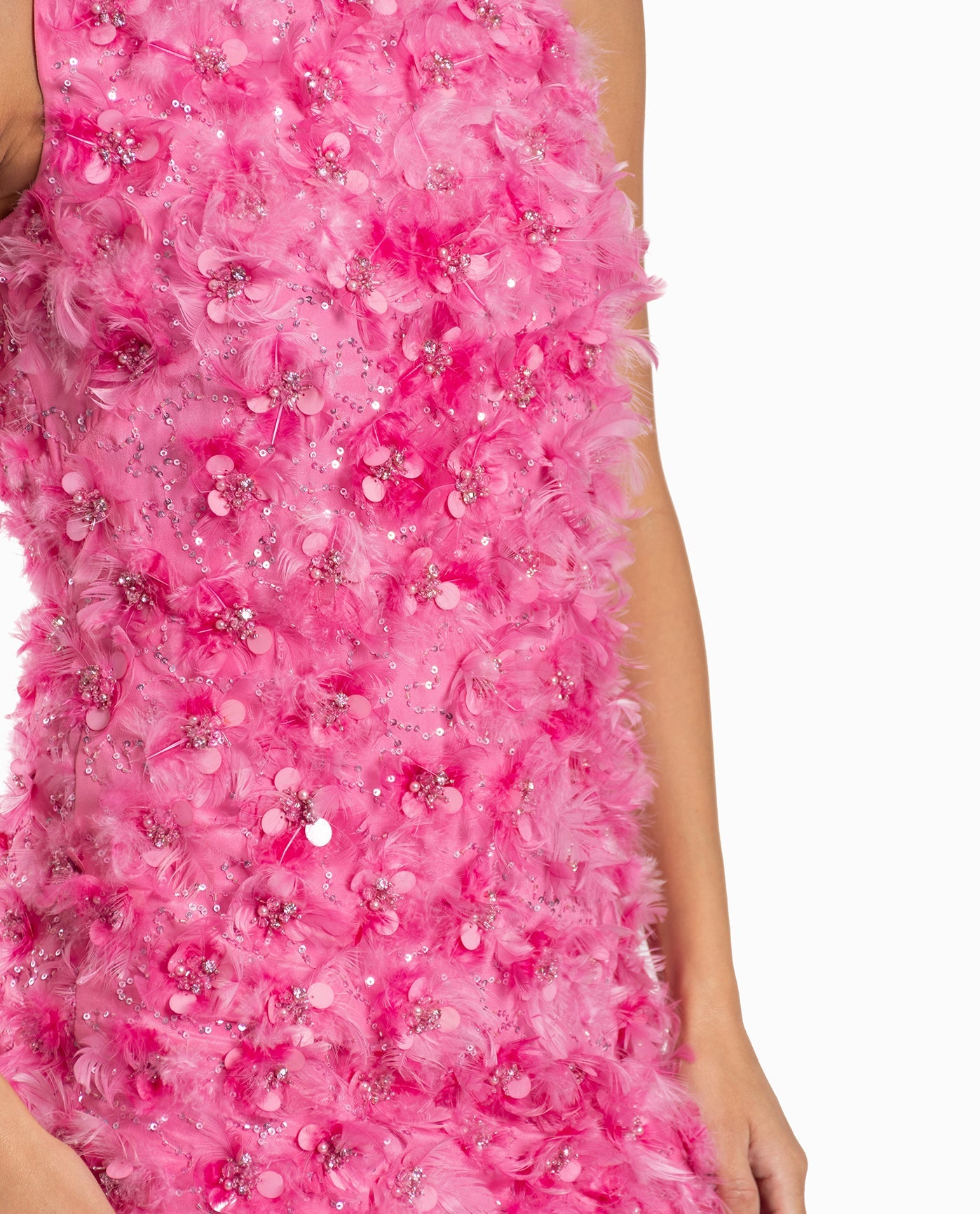 ZOOMED FRONT OF FEATHERED FLORAL SHIFT DRESS | Petal Pink Feather