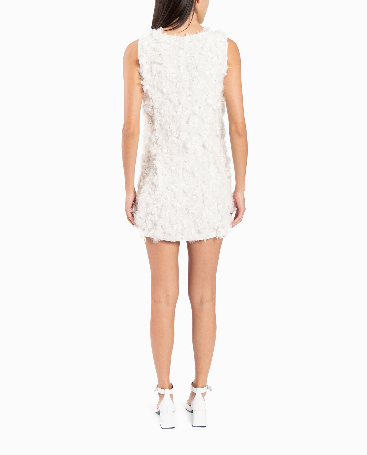 BACK OF FEATHERED FLORAL SHIFT DRESS | White Feather