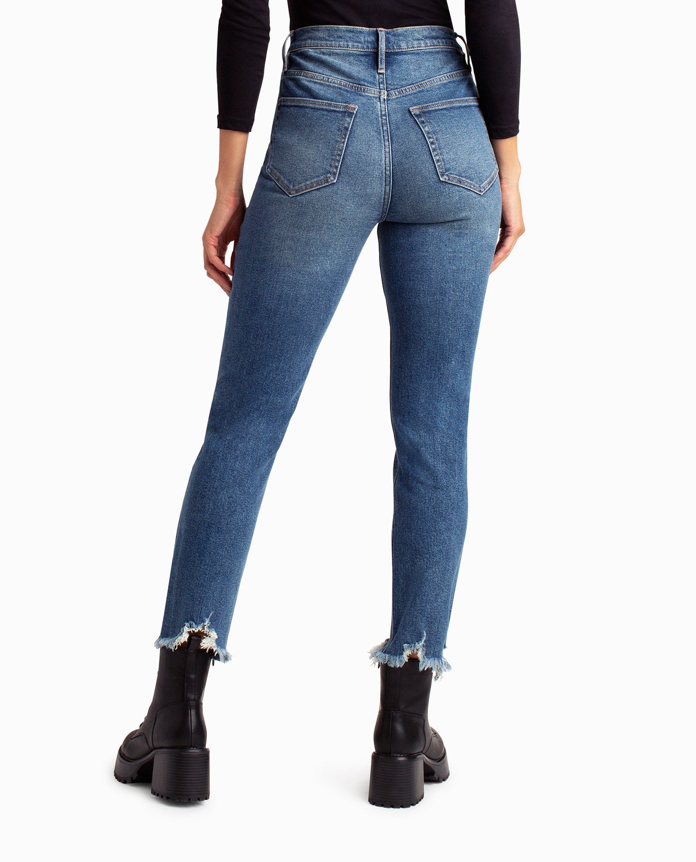 BACK OF HIGH WAISTED SLIM FIT JEAN WITH DISTRESSED BOTTOM | Dark Blue