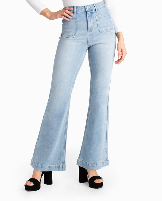 Women Solid Light Blue Mid Rise Mini Flare Jeans