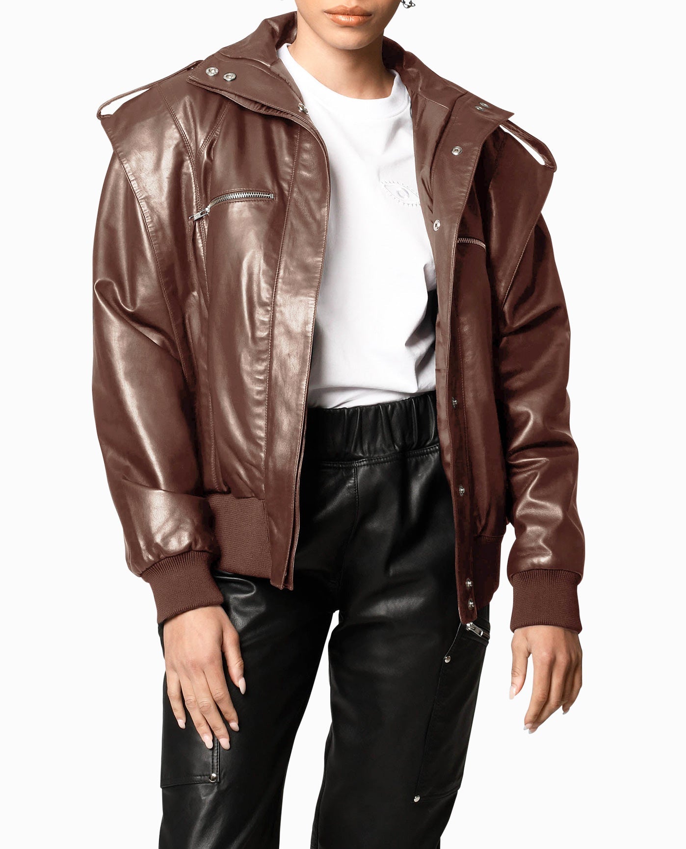 Women's Brown Leather Bomber Jacket - Harper