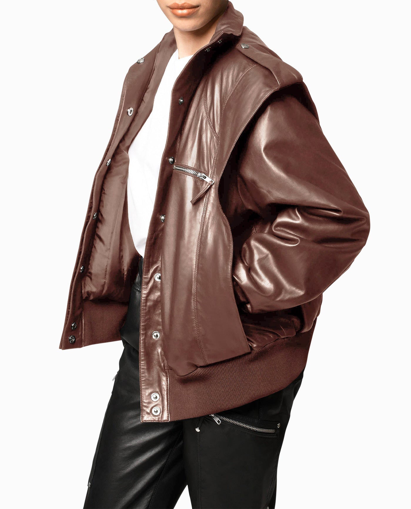 LEATHER SPACE JACKET WITH HANDS IN POCKETS | BROWN