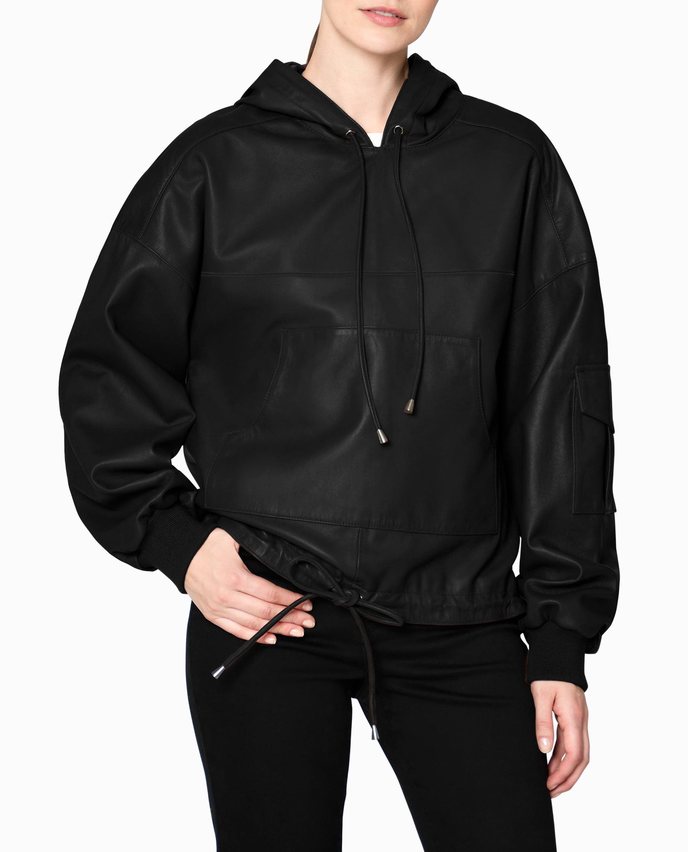 FRONT OF LEATHER SPACE HOODIE | BLACK