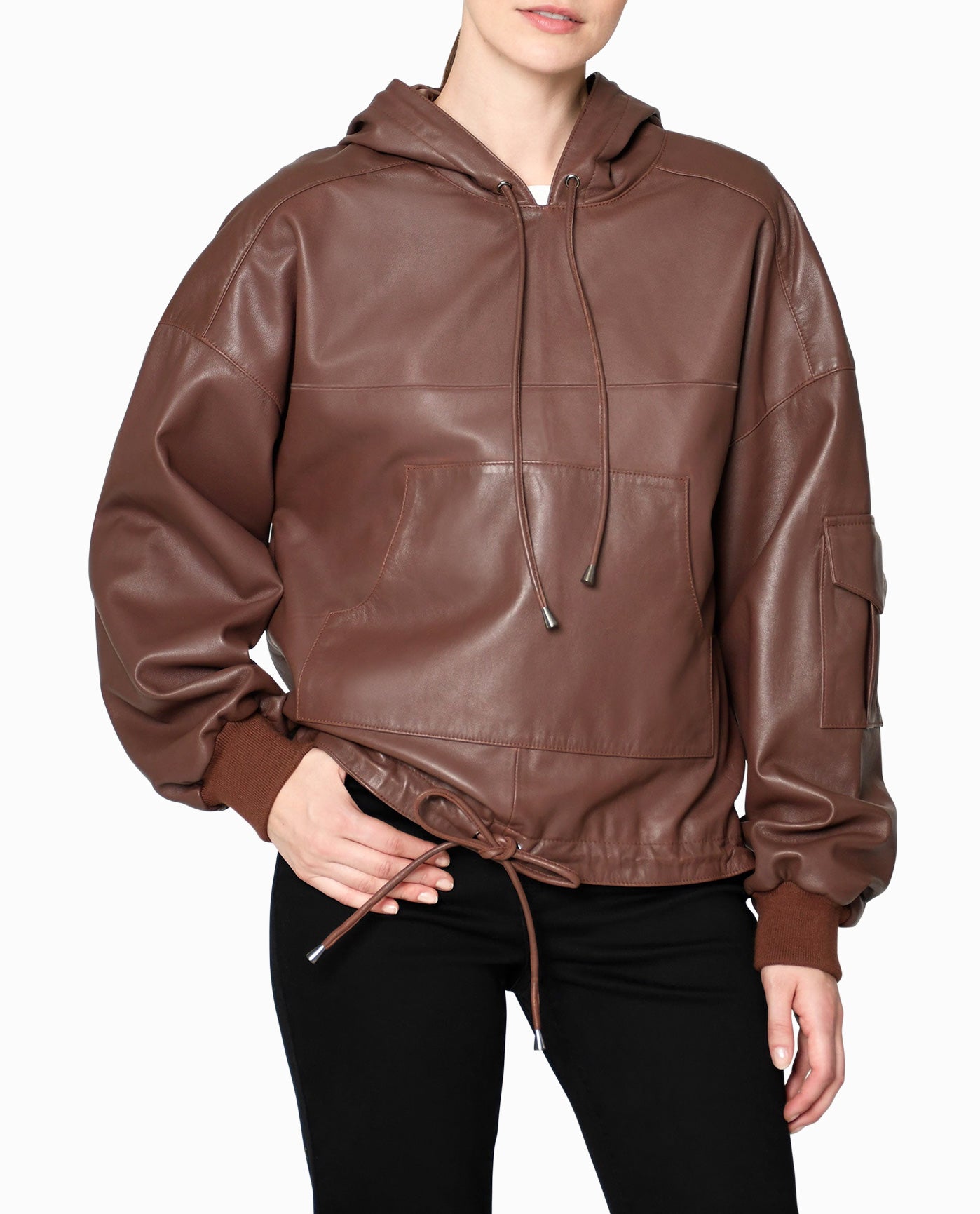 FRONT OF LEATHER SPACE HOODIE | BROWN