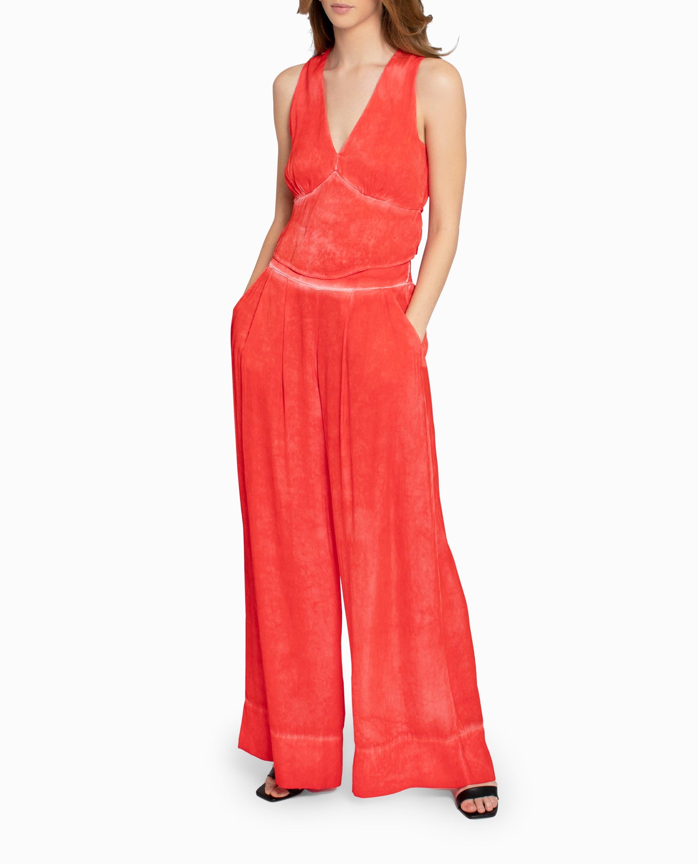 FRONT OF GARMENT DYED SILK WIDE LEG PANT | POPPY