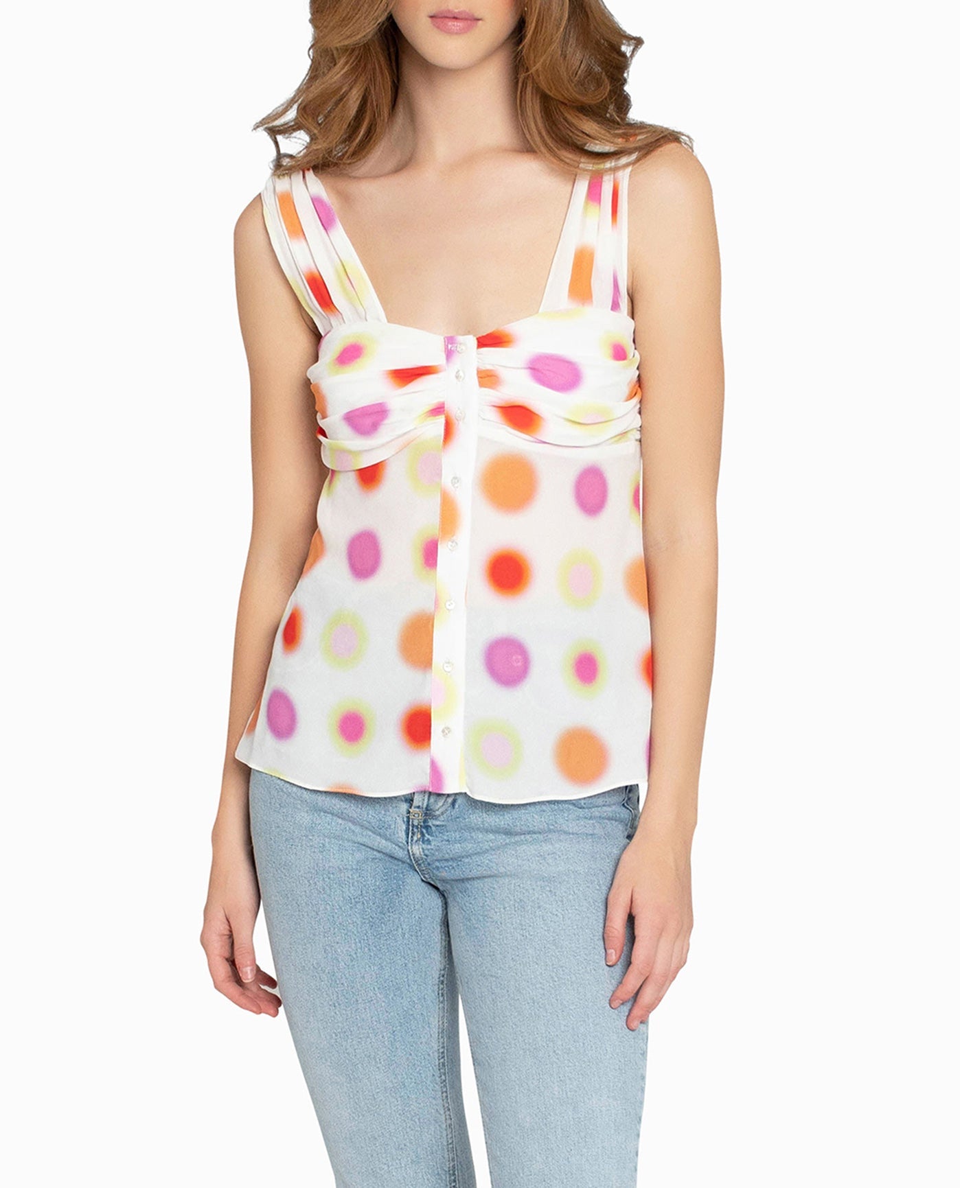 RADIANT AURA SILK TOP WITH DECORATIVE BUTTONS | WHITE AURA DOT