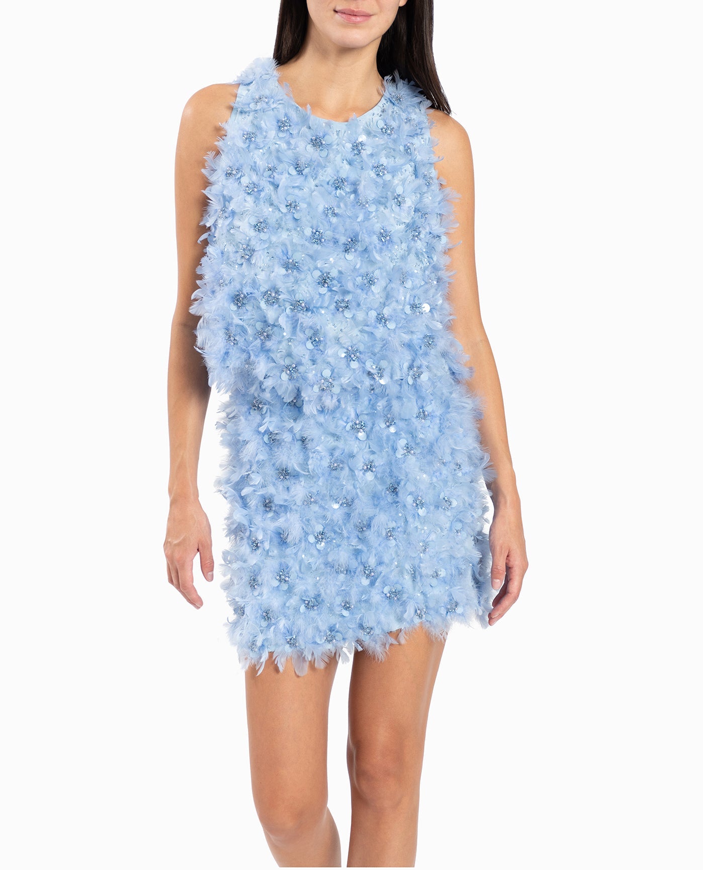FRONT OF FEATHERED FLORAL SLEVELESS TOP | Powder Blue Feather