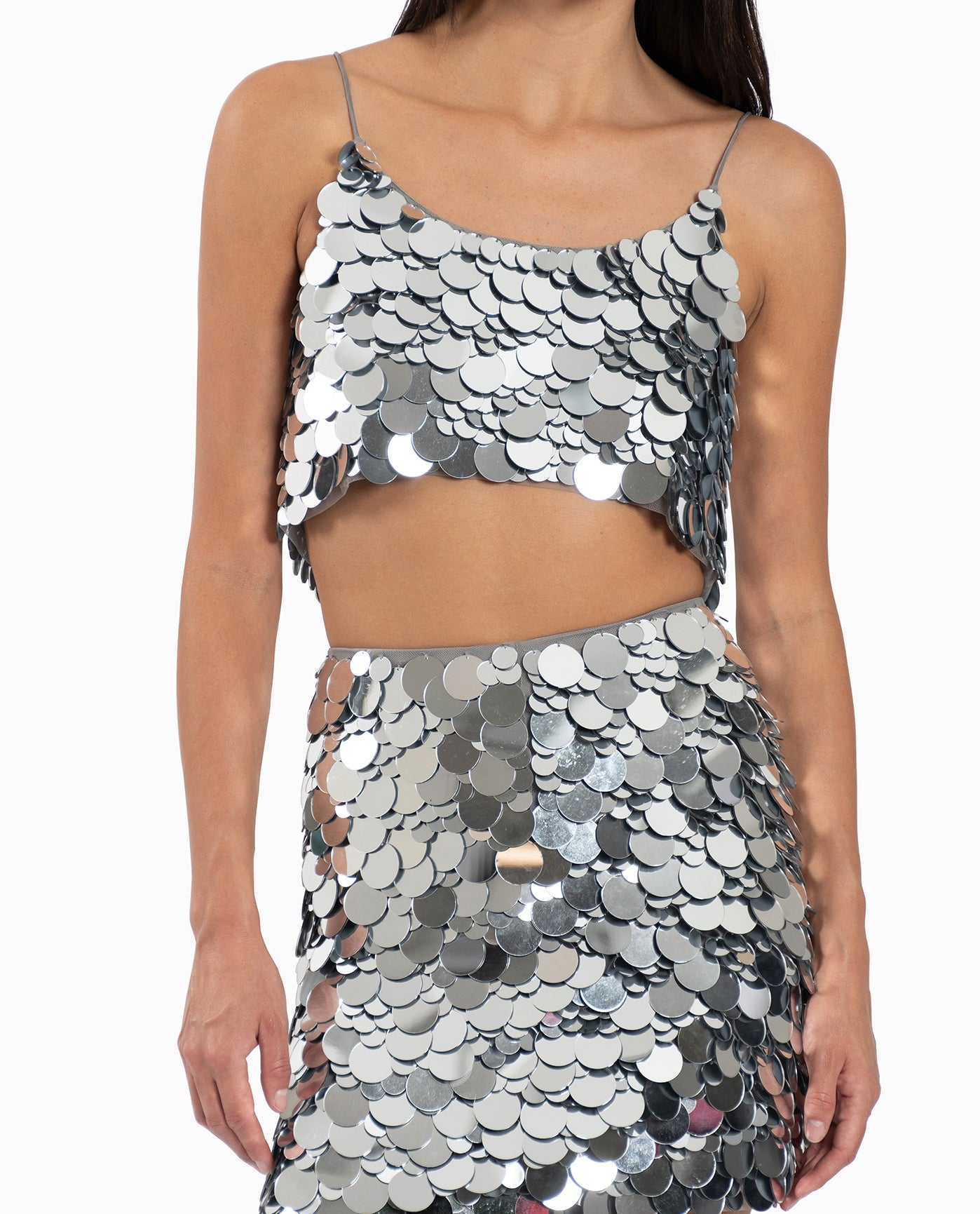 ZOOMED FRONT OF MIRRORED PAILLETTE CROP TOP | Silver Mirror