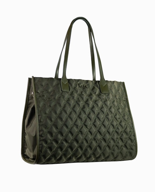 FRONT OF QUILTED NYLON TOTE BAG | Khaki Green