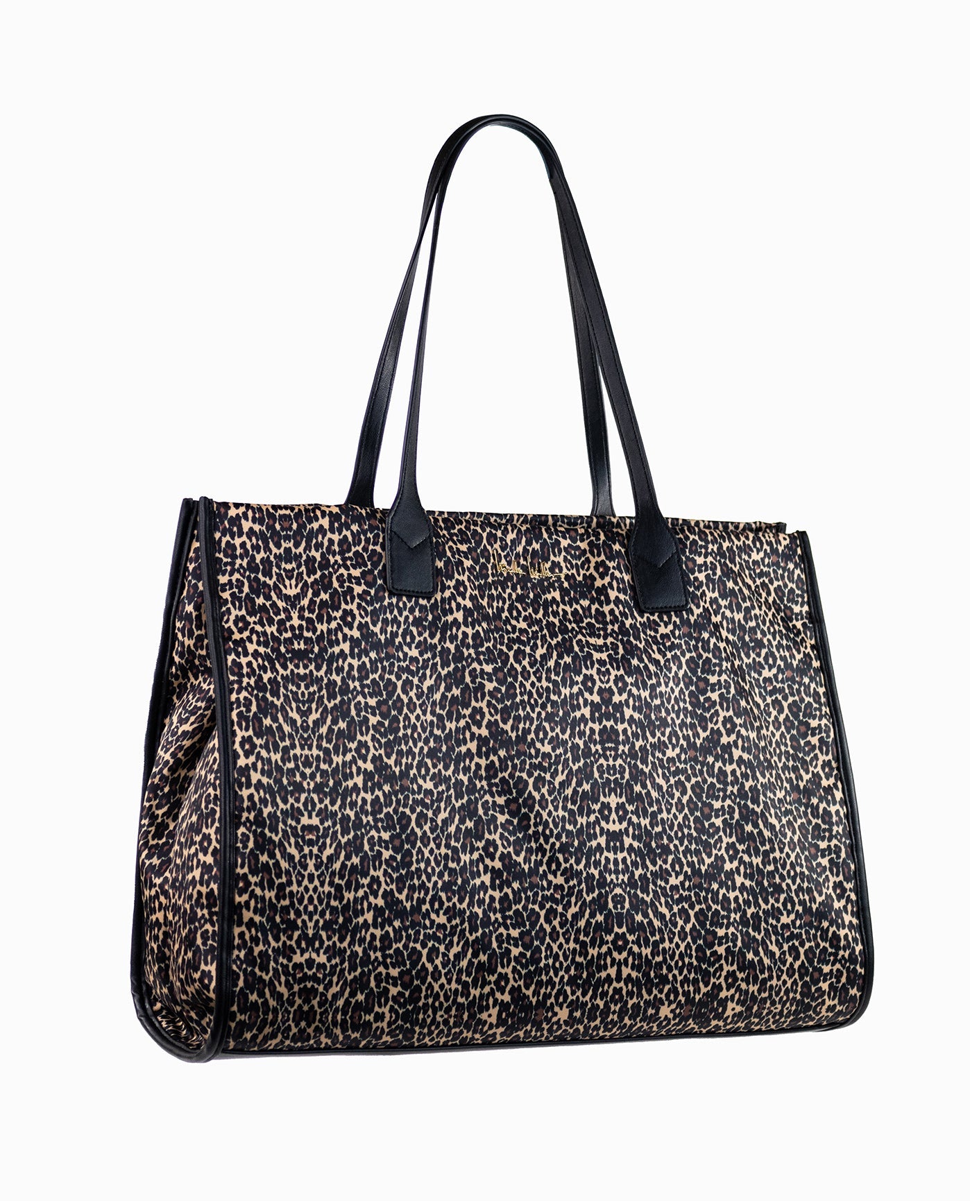 FRONT OF QUILTED NYLON TOTE BAG | Leopard Black