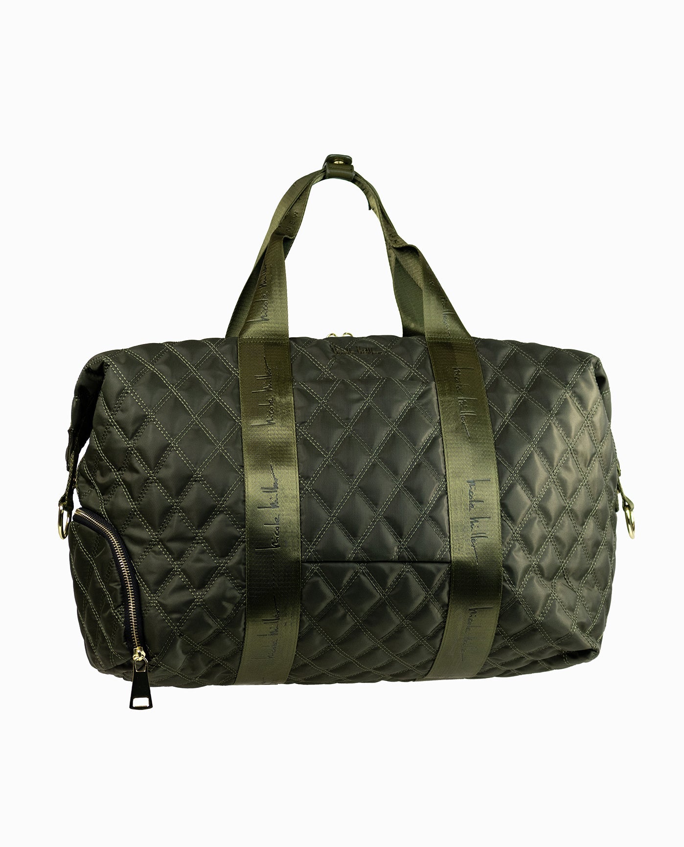 FRONT OF QUILTED NYLON DUFFLE BAG | Khaki Green