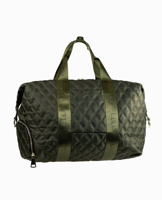FRONT OF QUILTED NYLON DUFFLE BAG | Khaki Green