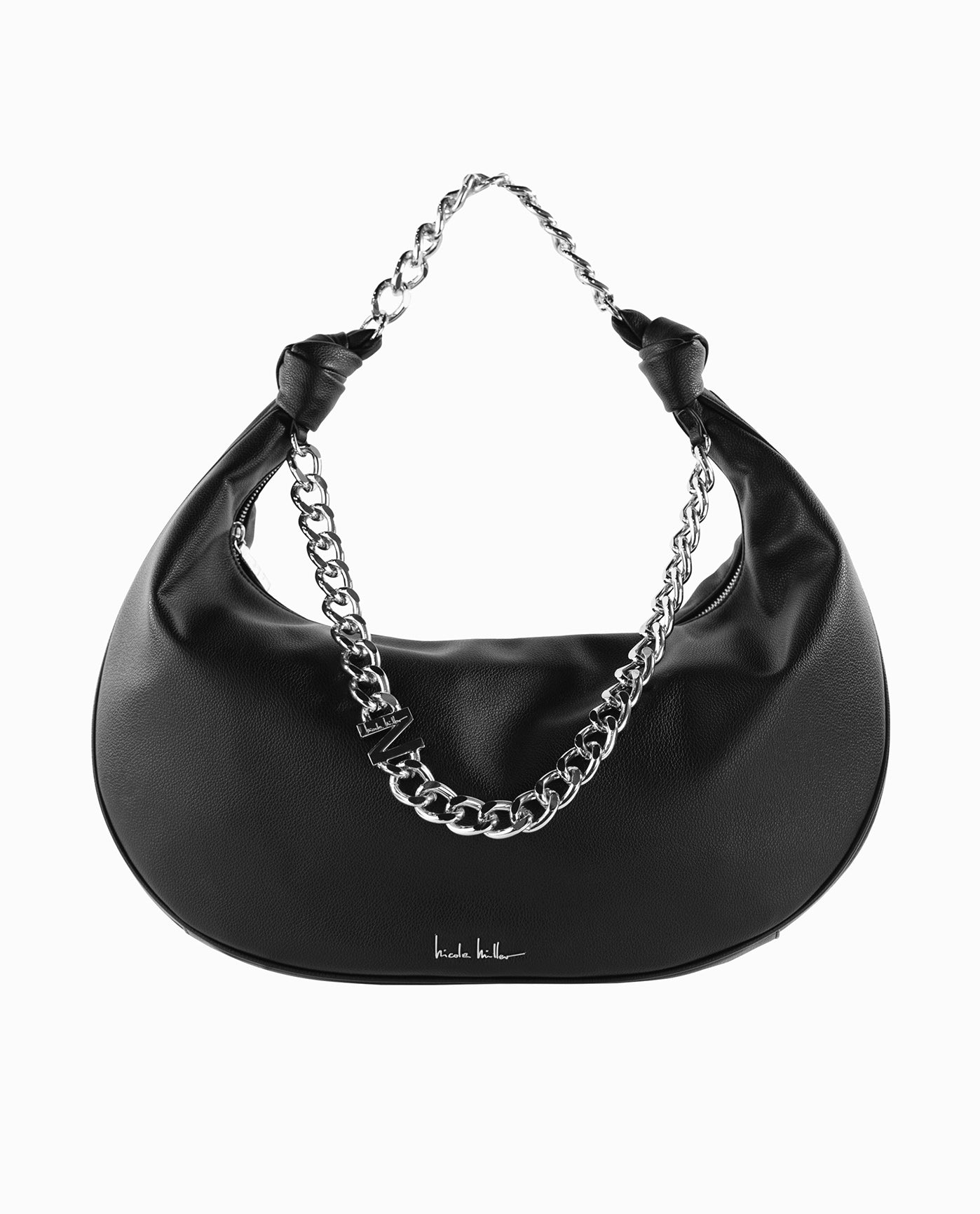 Black Hobo Style Handbag with a Silver Chain, "N" charm and Knot Details | Black Beauty And Silver