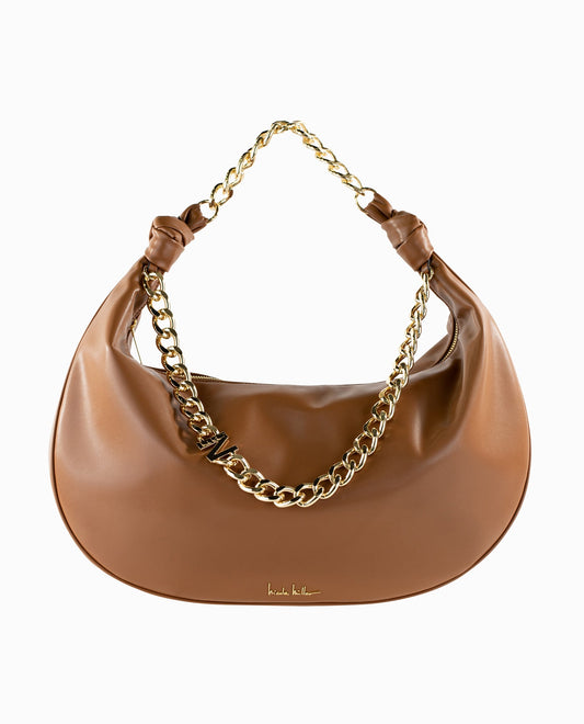 Tan Hobo Style Leather Handbag with a Gold Chain, "N" charm and Knot Details | Tan