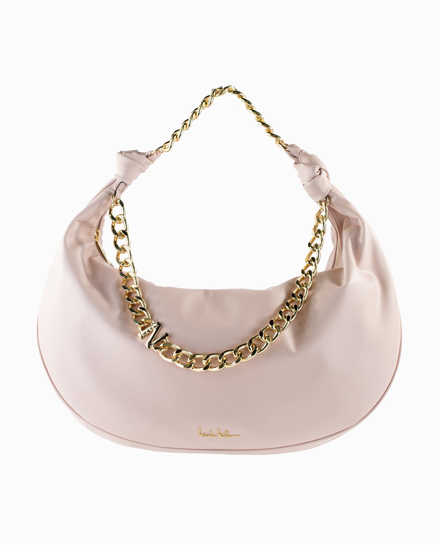 Light Pink Hobo Style Leather Handbag with a Gold Chain, "N" charm and Knot Details | Rose Smoke