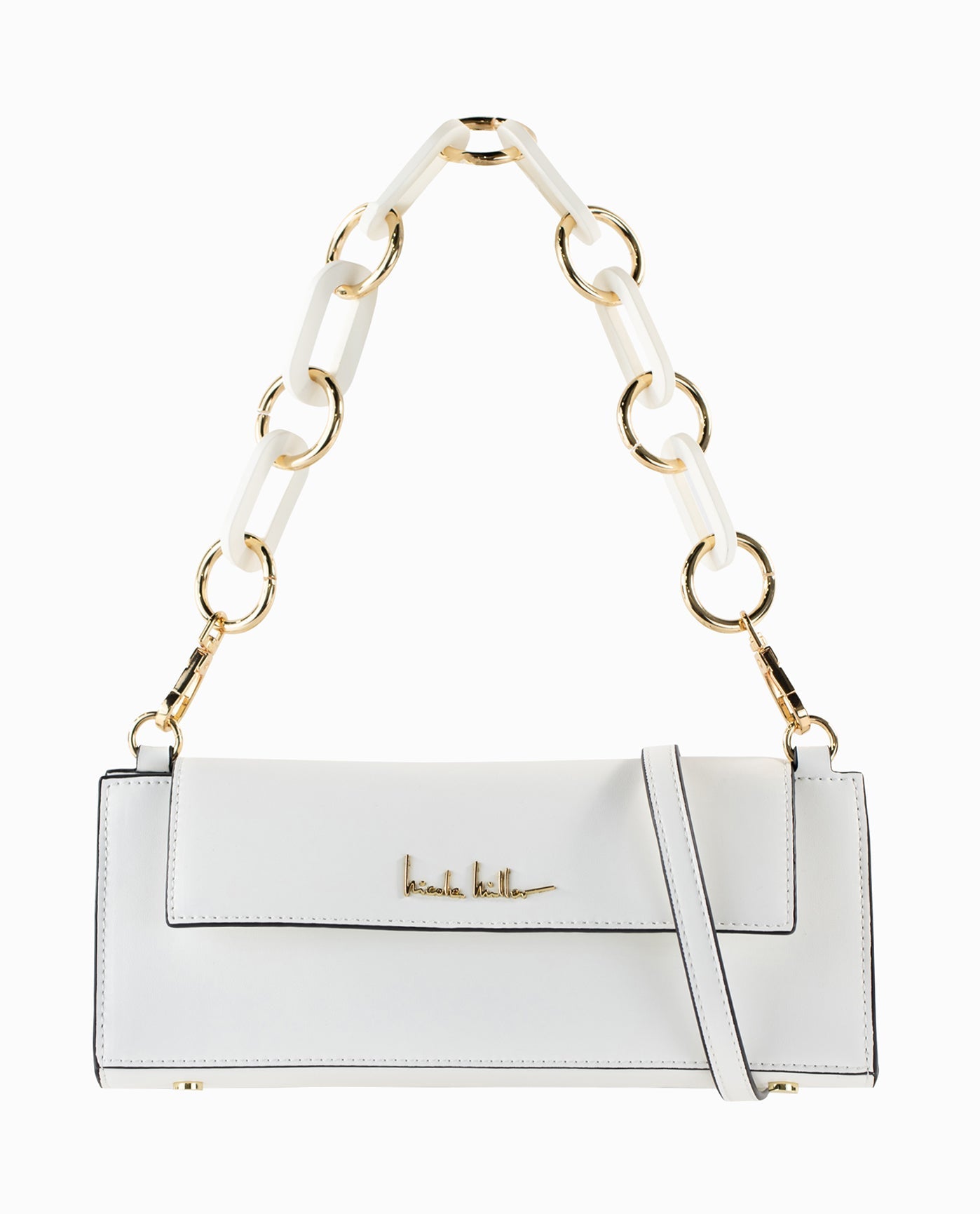 White Long Shoulder Bag and Strap with Chain Like Design and Gold Details | Bright White