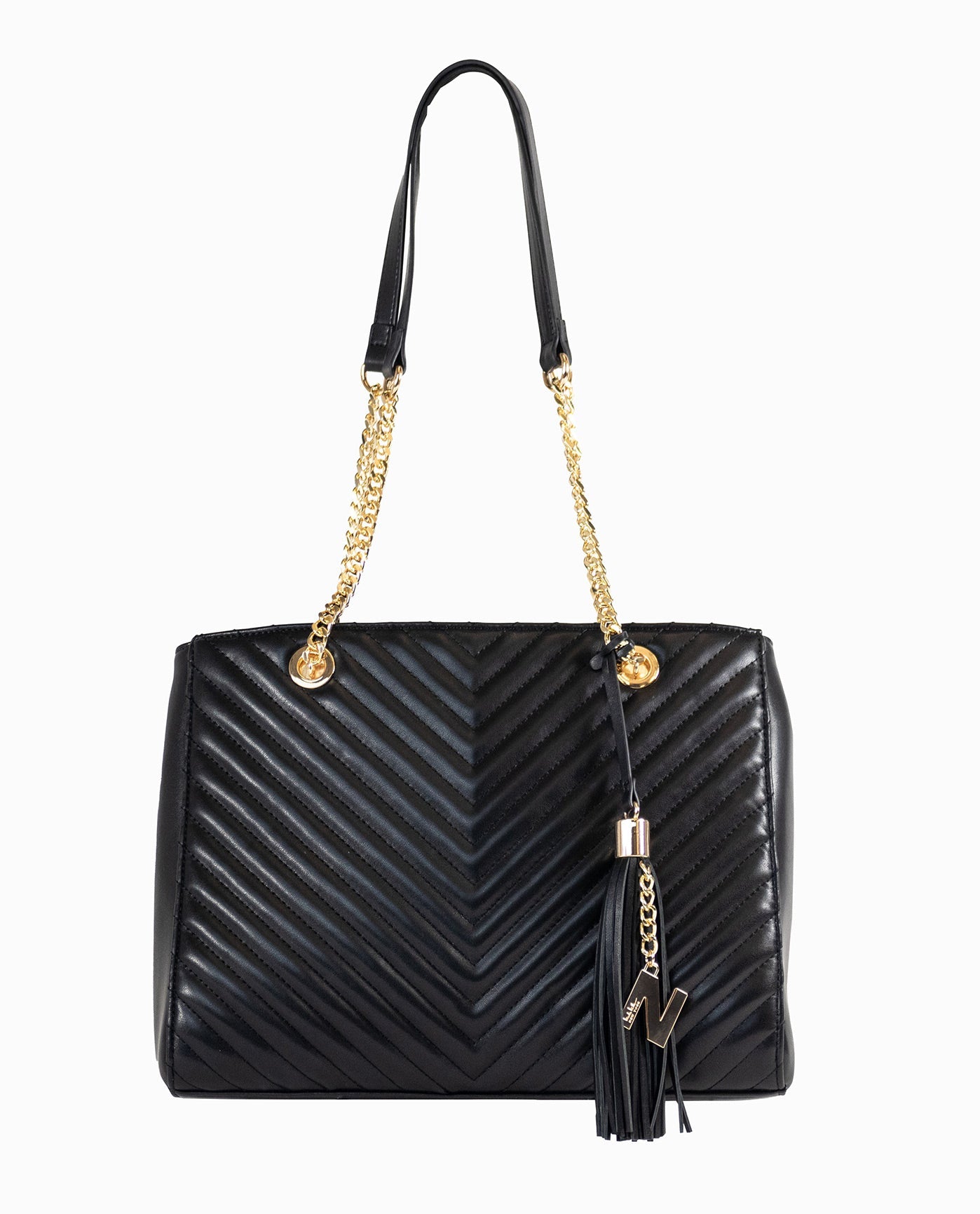 Quilted Tote with Gold Details and Charm | Black