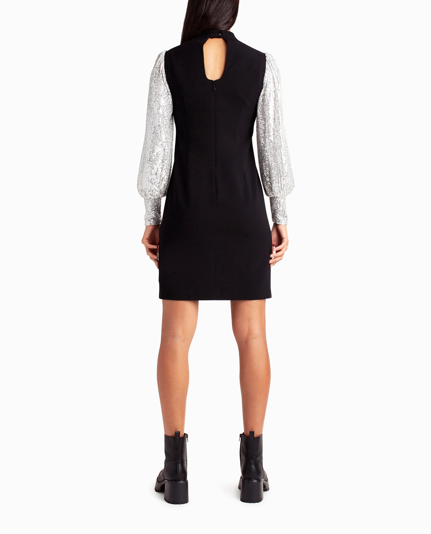 BACK OF CLAIRE CREPE SHEATH SEQUIN SLEEVE DRESS | Very Black And Silver Sequins