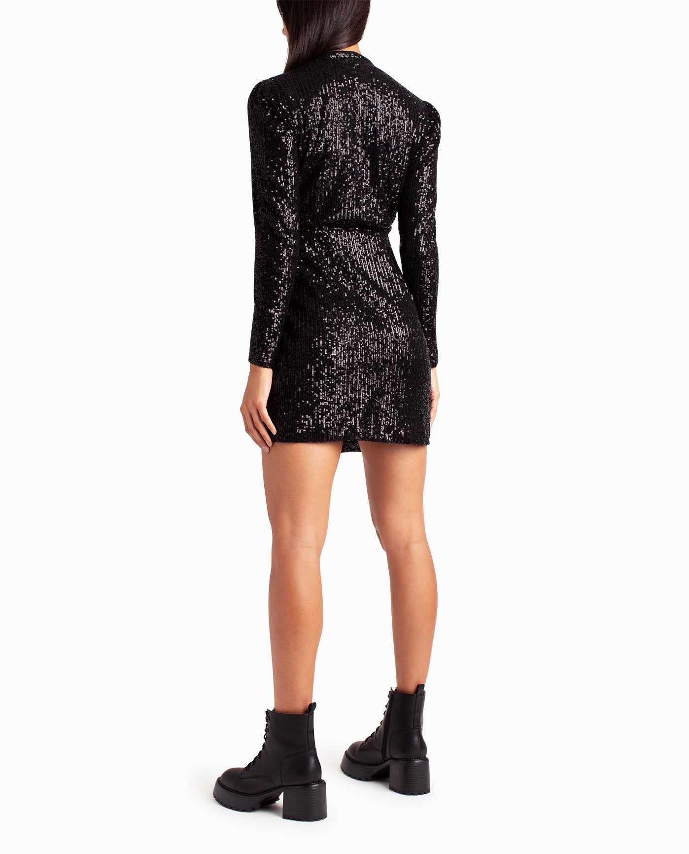 BACK OF ALL OVER SEQUINS FAUX WRAP DRESS | Very Black Sequins