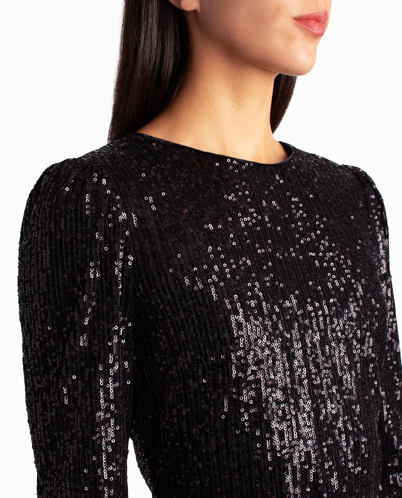 BLACK SEQUIN FABRIC AND HIGH NECKLINE | Very Black Sequins