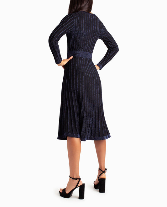 BACK OF LUREX SWEATER KNIT V-NECK FIT AND FLAIR DRESS | Blue Lurex