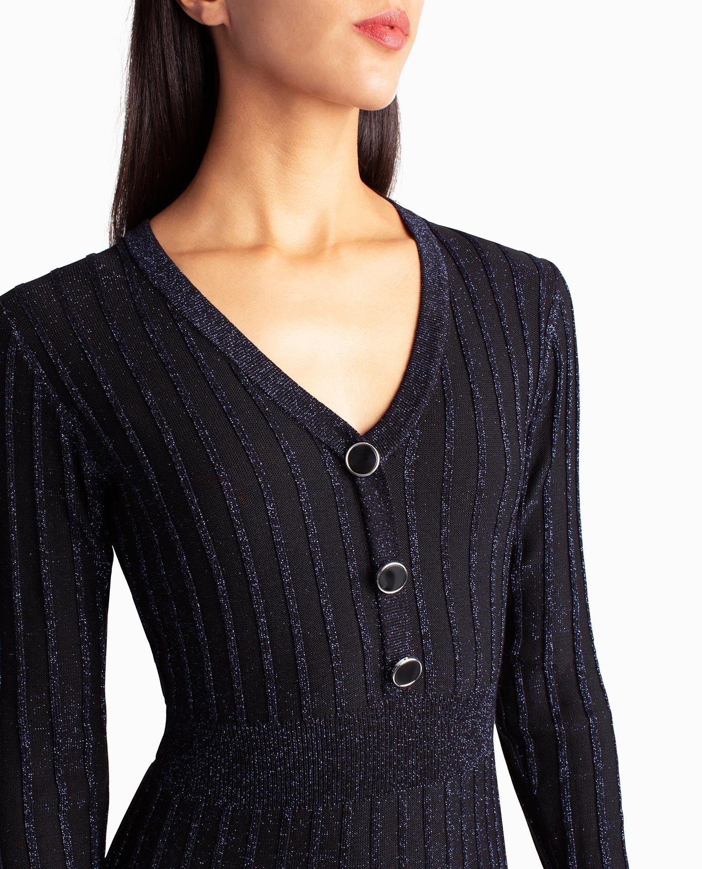 V-NECKLINE WITH LARGE BLUE AND SILVER BUTTONS | Blue Lurex