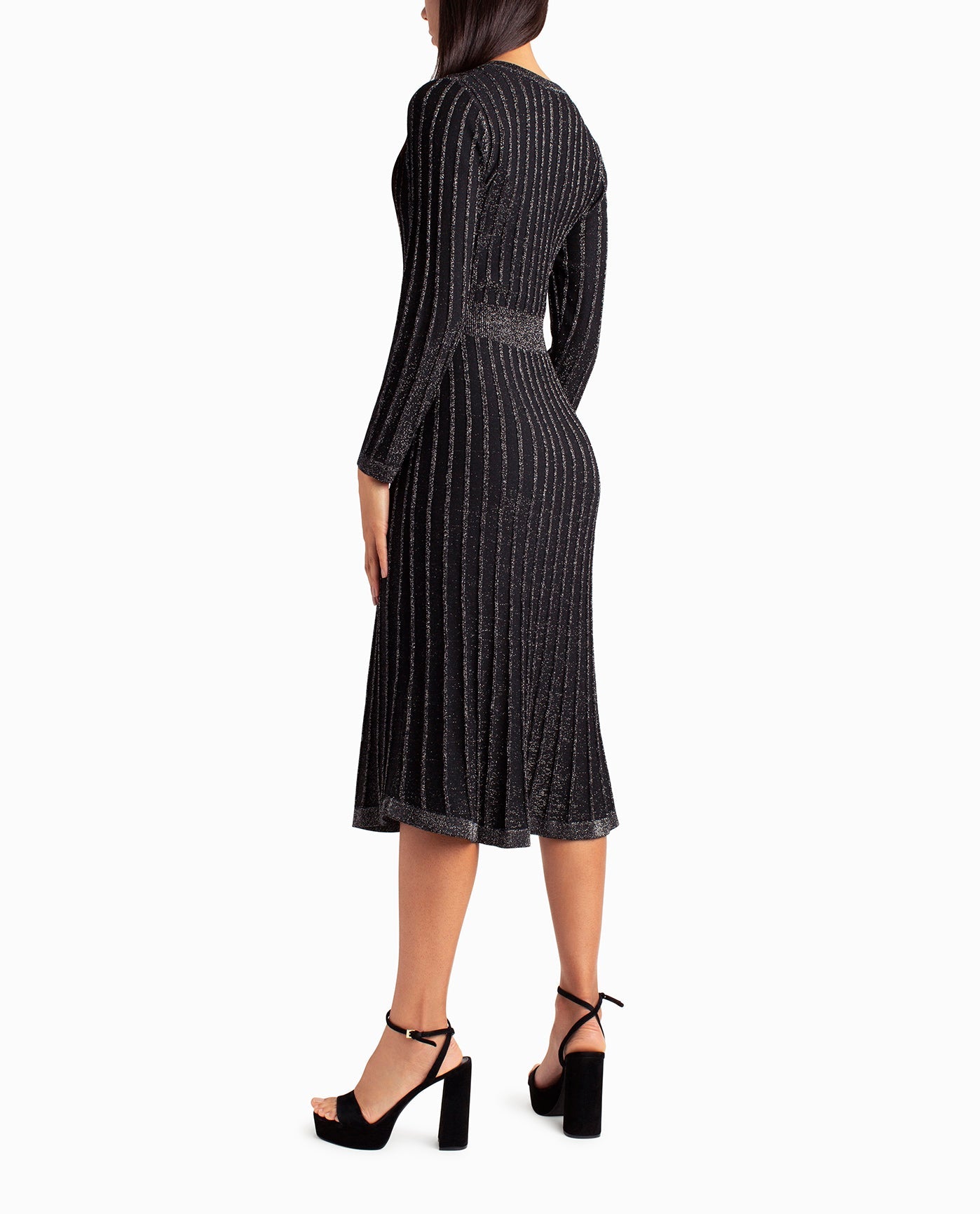 BACK OF LUREX SWEATER KNIT V-NECK FIT AND FLAIR DRESS | Very Black Lurex