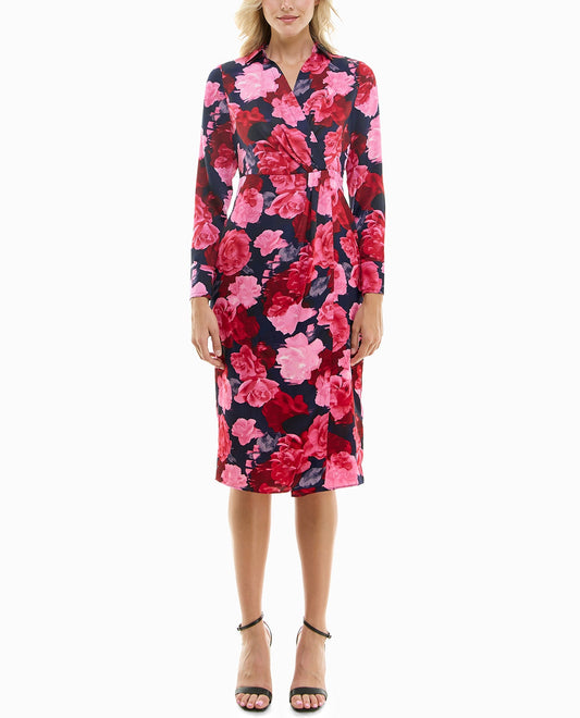 FRONT OF HOLLY STRETCH FAUX WRAP DRESS | Red and Navy Print