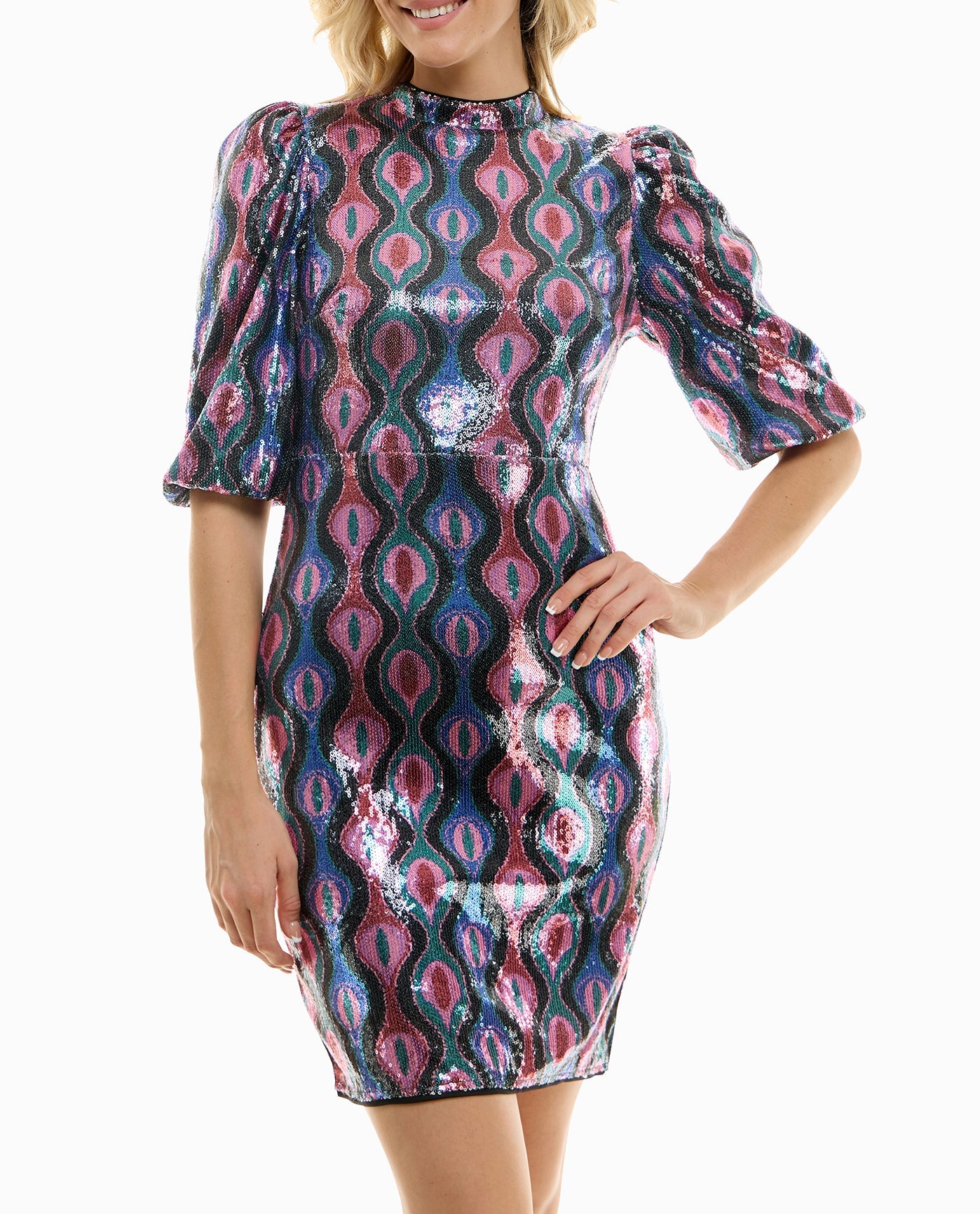 ZOOMED FRONT OF MARISOL SEQUIN A-LINE DRESS | Black Geo Print