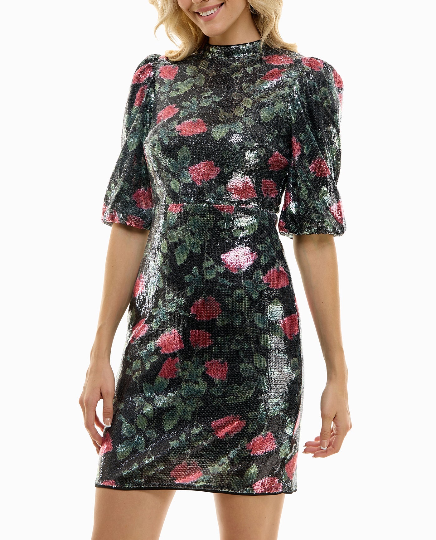 ZOOMED FRONT OF MARISOL SEQUIN A-LINE DRESS | Black Rose Print