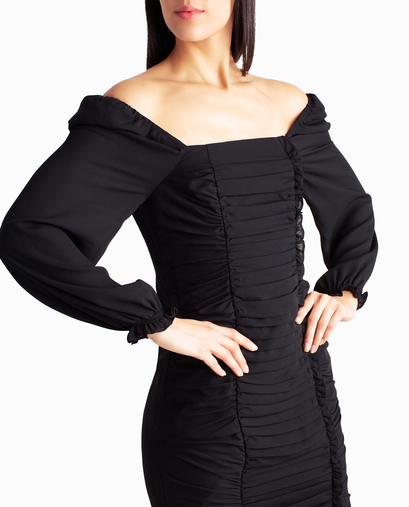 NECKLINE OF IVY CHIFFON RUCHED SQUARE NECK DRESS | Very Black