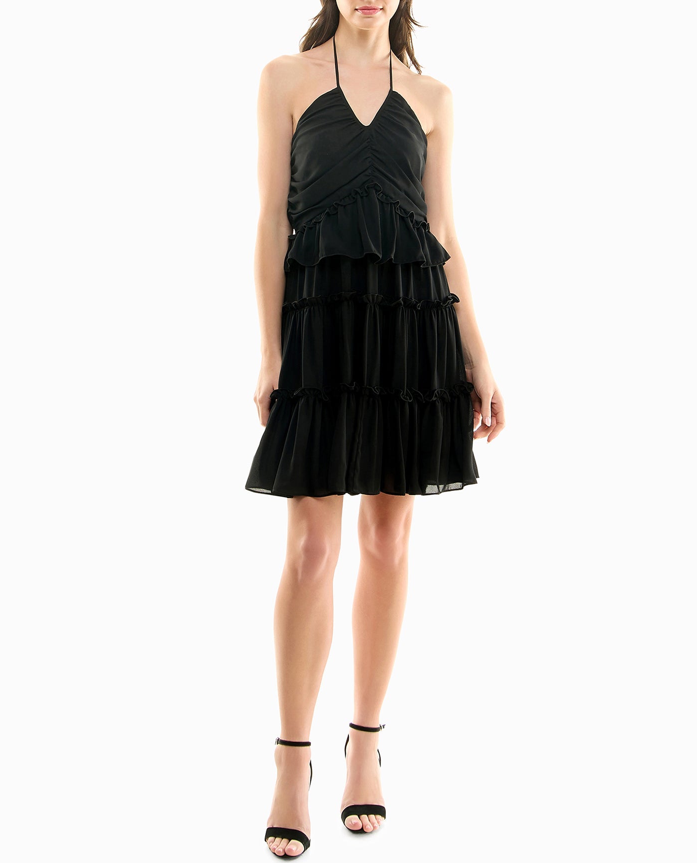 FRONT OF PRESLEY CHIFFON TIERED HALTER DRESS | Very Black