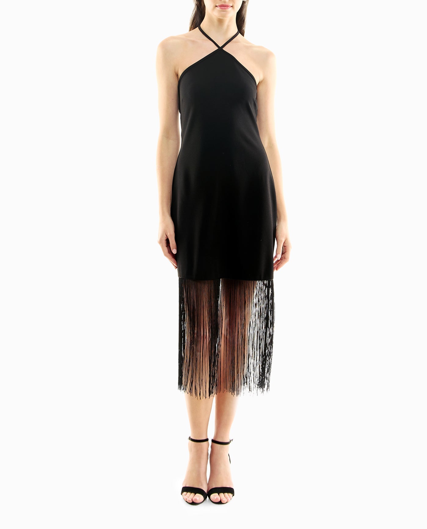 FRONT OF SYLVIE STRETCH CREPE FRINGED SHEATH DRESS | Very Black