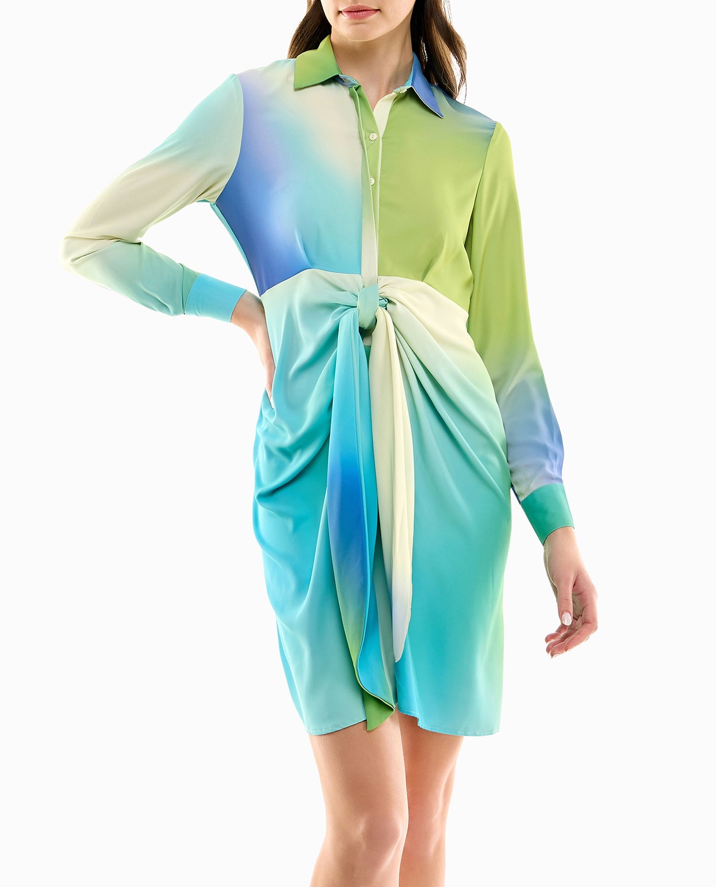CLOSER FRONT ANGLE OF AUDREY SILK LONG SLEEVE SHIRT DRESS | Dazzling Blue