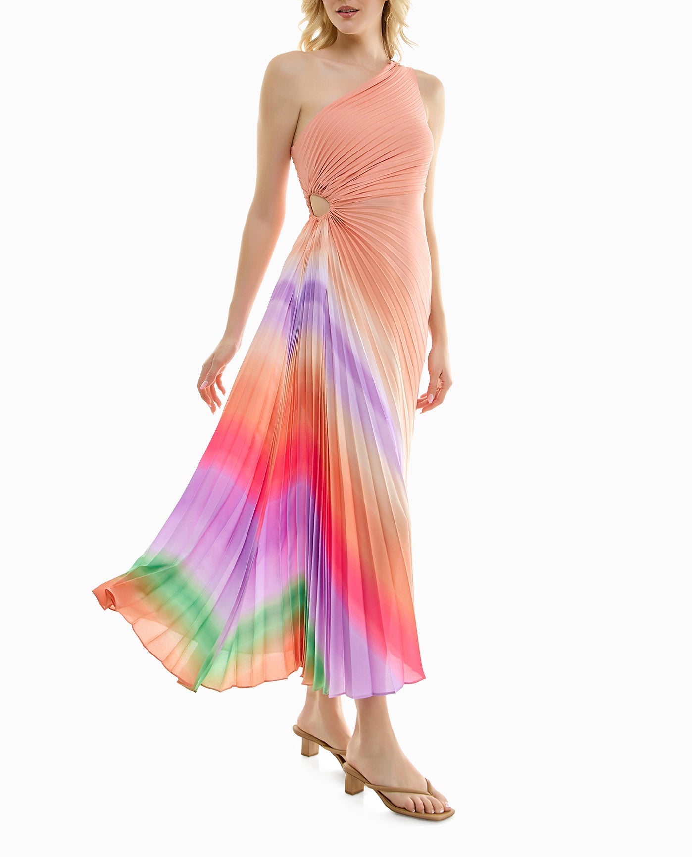 FLOWING DETAIL OF LORA CHIFFON ONE SHOULDER DRESS | Cantaloupe Stripes