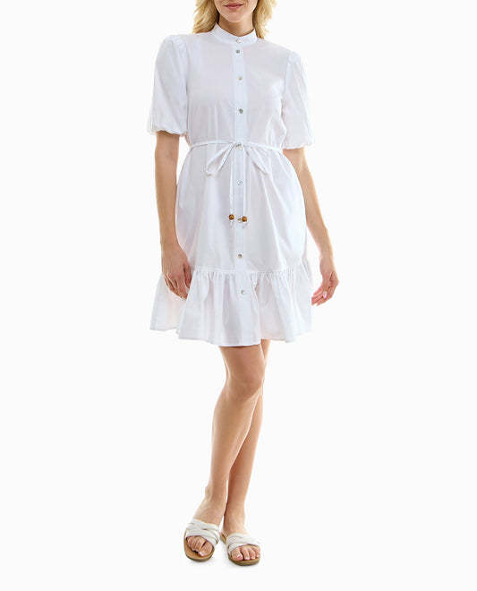 FRONT OF CRYSTAL STRETCH POPLIN HALF SLEEVE TIERED SHIRT DRESS | Brilliant White and Sand