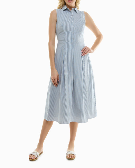 FRONT OF STELLA STRETCH POPLIN SLEEVELESS PLEATED SHIRT DRESS | Light Blue and White