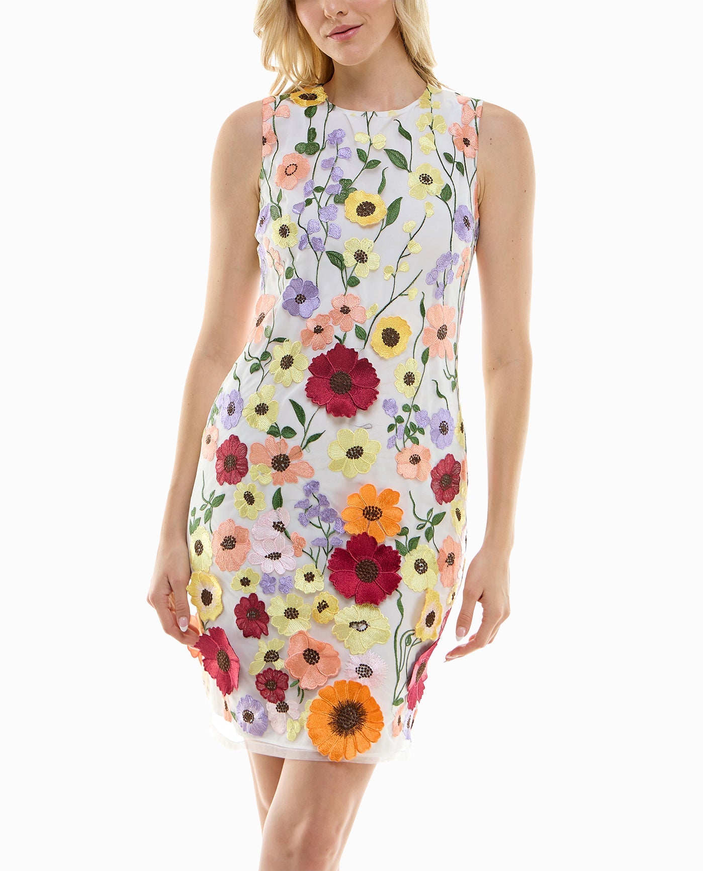 ZOOMED IN FRONT OF FLORA APPLIQUE MESH SHEATH DRESS | Wild Multicolor