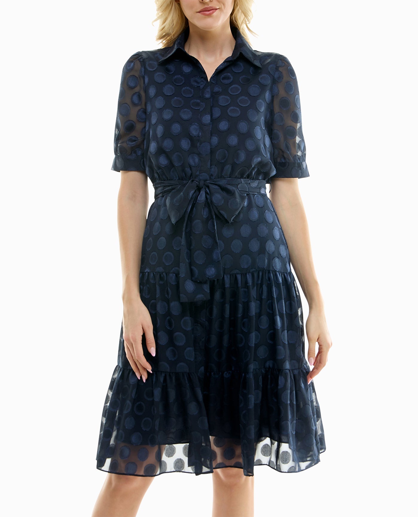 ZOOMED IN FRONT OF ARIA JACQUARD CHIFFON SHIRT DRESS | Navy