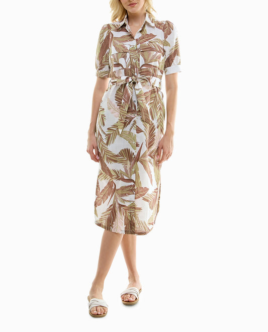 FRONT OF ZARIA LINEN SHORT SLEEVE BELTED SHIRT DRESS | White and Orange Print