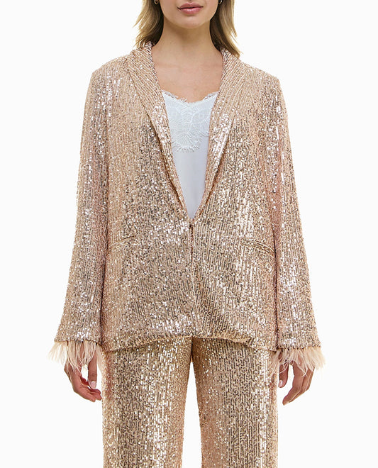 FRONT OF CHARLOTTE ALL OVER SEQUIN FEATHER TRIMMED JACKET | Champagne Sequins