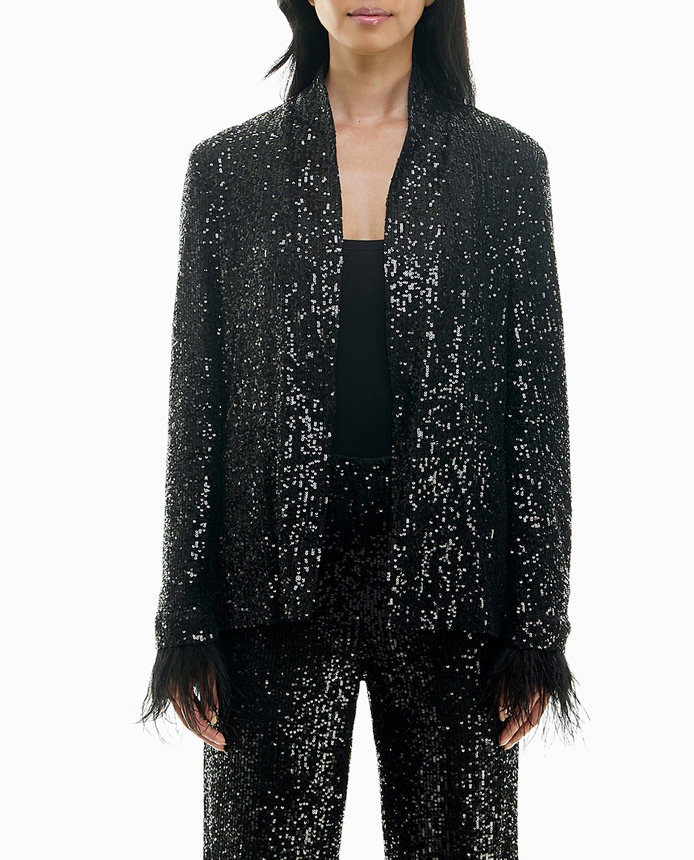 FRONT OF CHARLOTTE ALL OVER SEQUIN FEATHER TRIMMED JACKET | Very Black